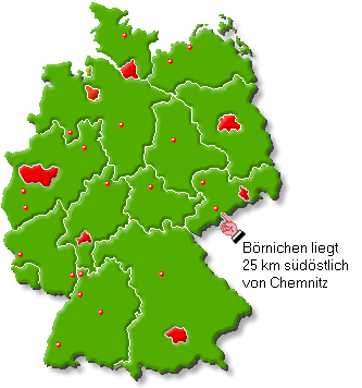 Deutschlandkarte mit Brnichen (25km sdstlich von Chemnitz)